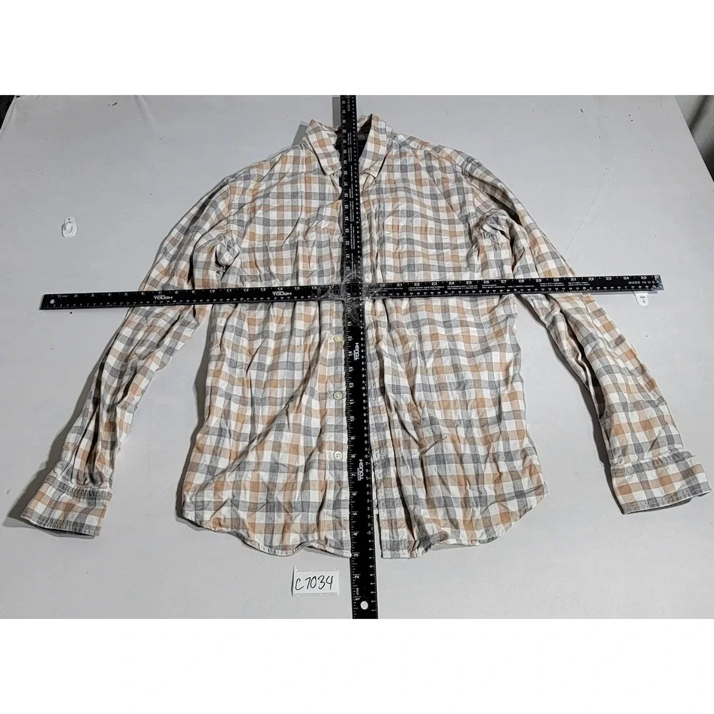Banana Republic Luxe Flannel Slim Fit Shirt Mens Medium Tan Grey‎ Plaid Cotton